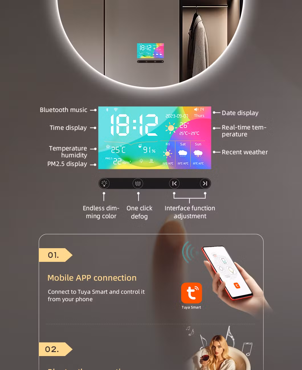 Bathroom Intelligent Vanity Wall-Mounted Frameless Home Decoration Round Smart LED Mirror with Hand Sweep Sensing Adjustable Light Backit