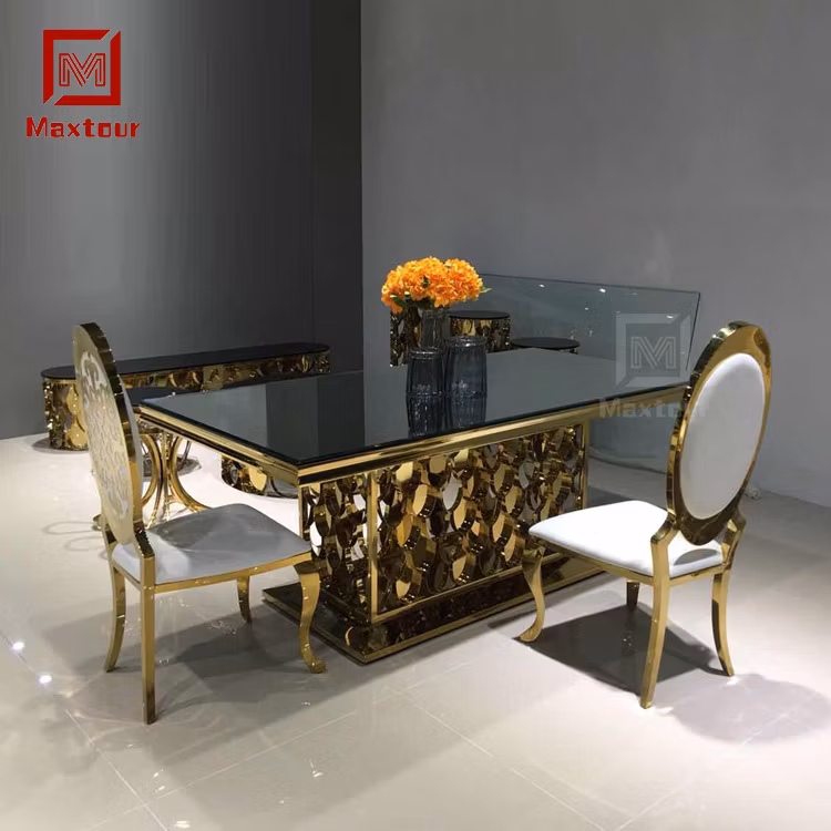 Luxury Gold Scale Design Stainless Steel Hollow Base Dining Table with Black Glass