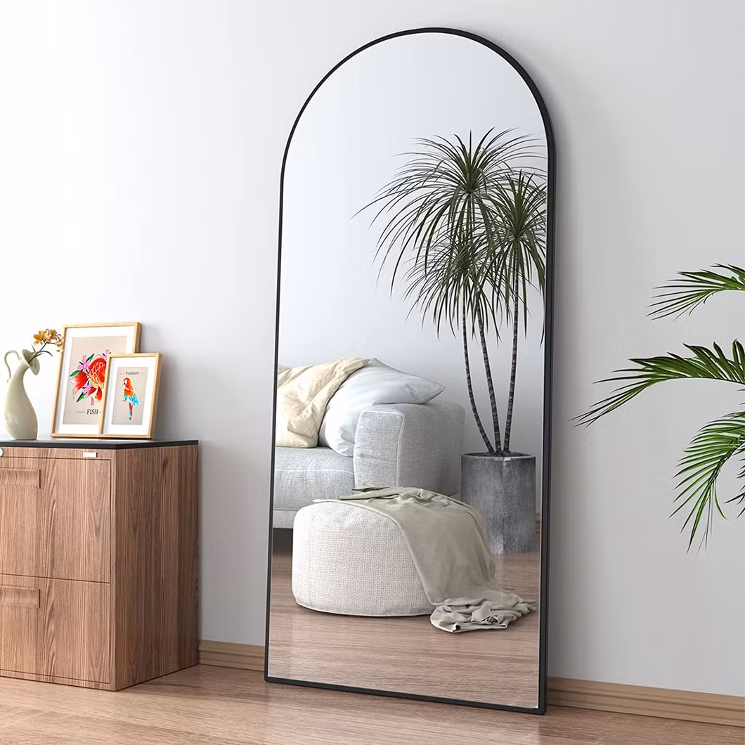 Custom Vaulted Floor Full Length Body Standing Mirror with Black Gold Metal Frame Wall Hanging Bathroom Mirror