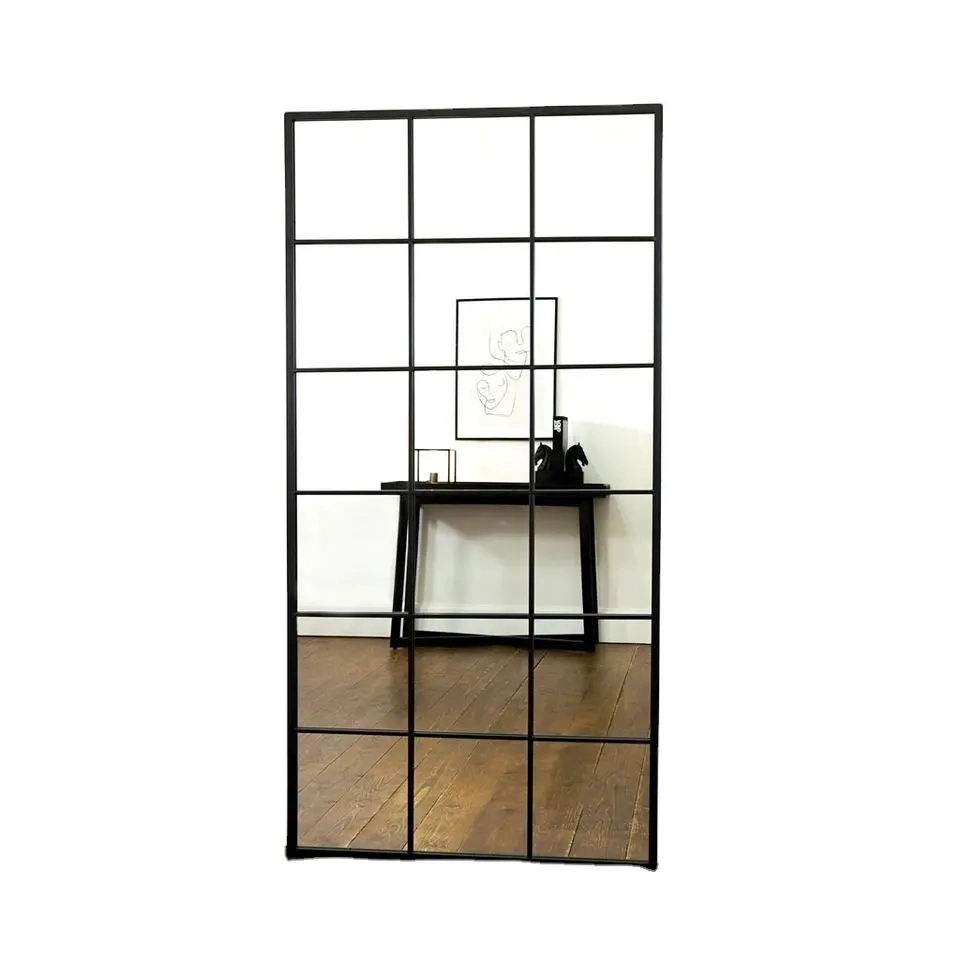 Home Garden Decor Industrial Antique Old Mirror Black Espejo Industrial Floor Full Length Metal Framed Window Mirror