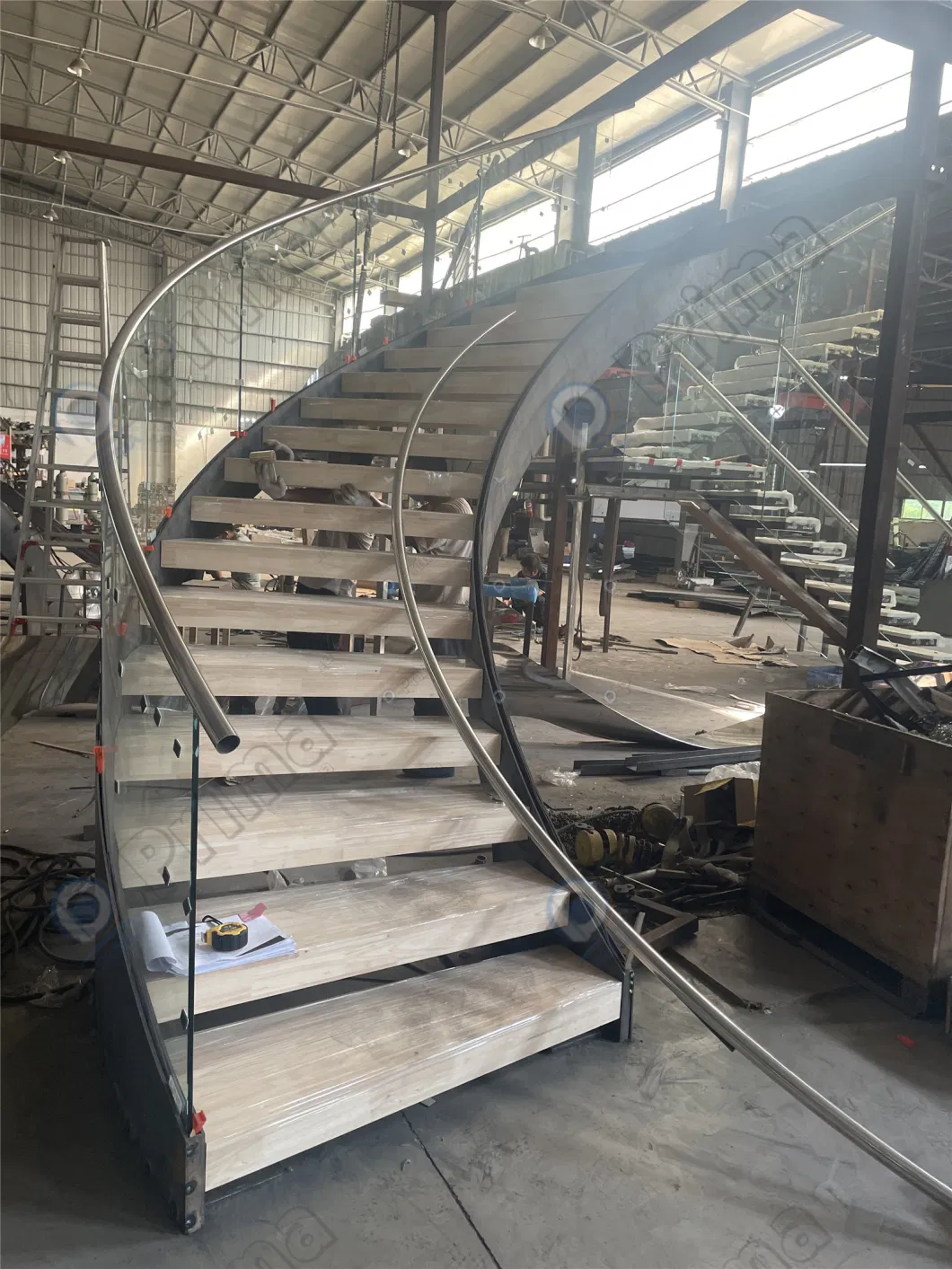 Curved Staircase with Frameless Glass Railing Stainless Steel Balustrade