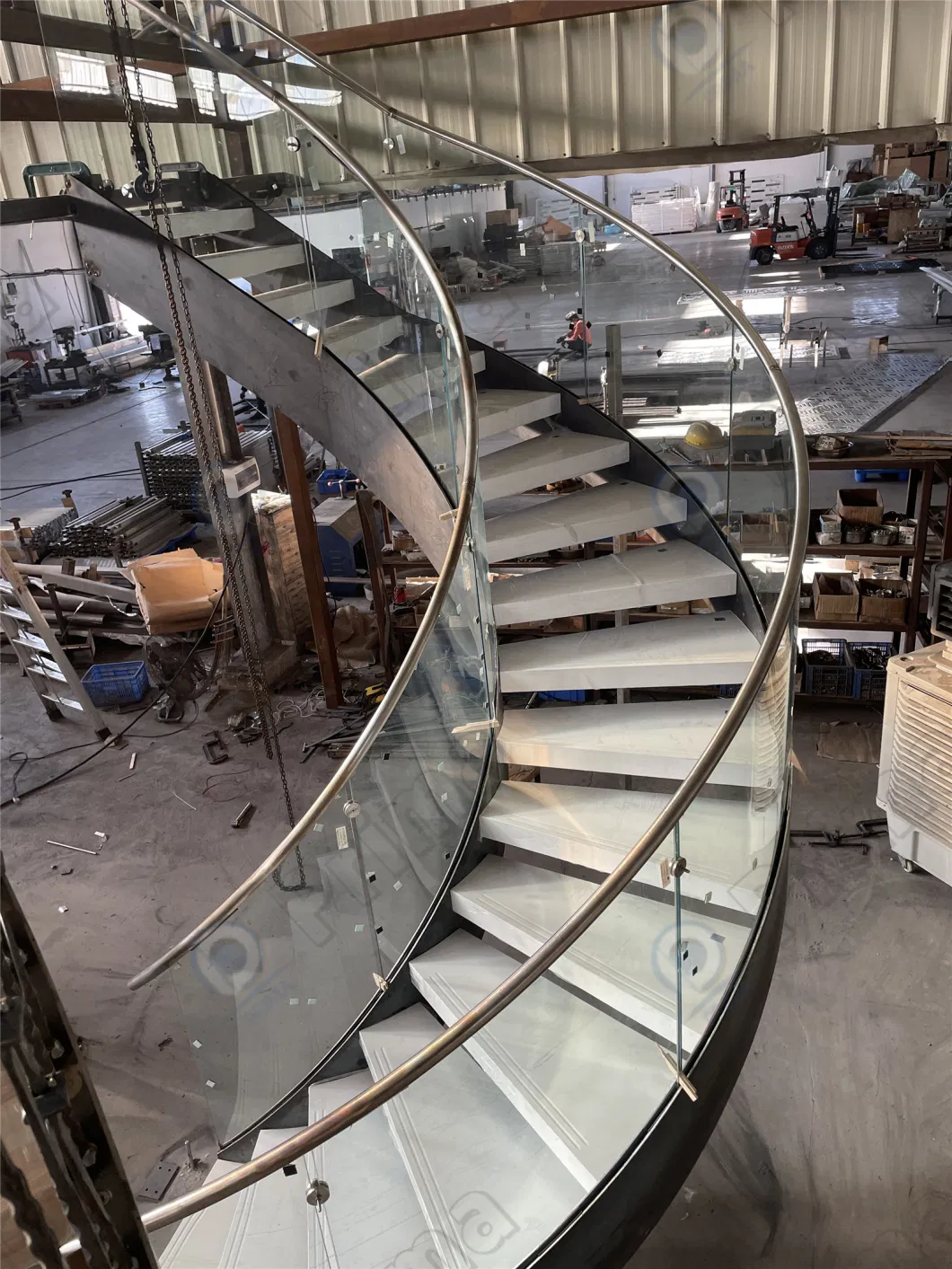 Curved Staircase with Frameless Glass Railing Stainless Steel Balustrade