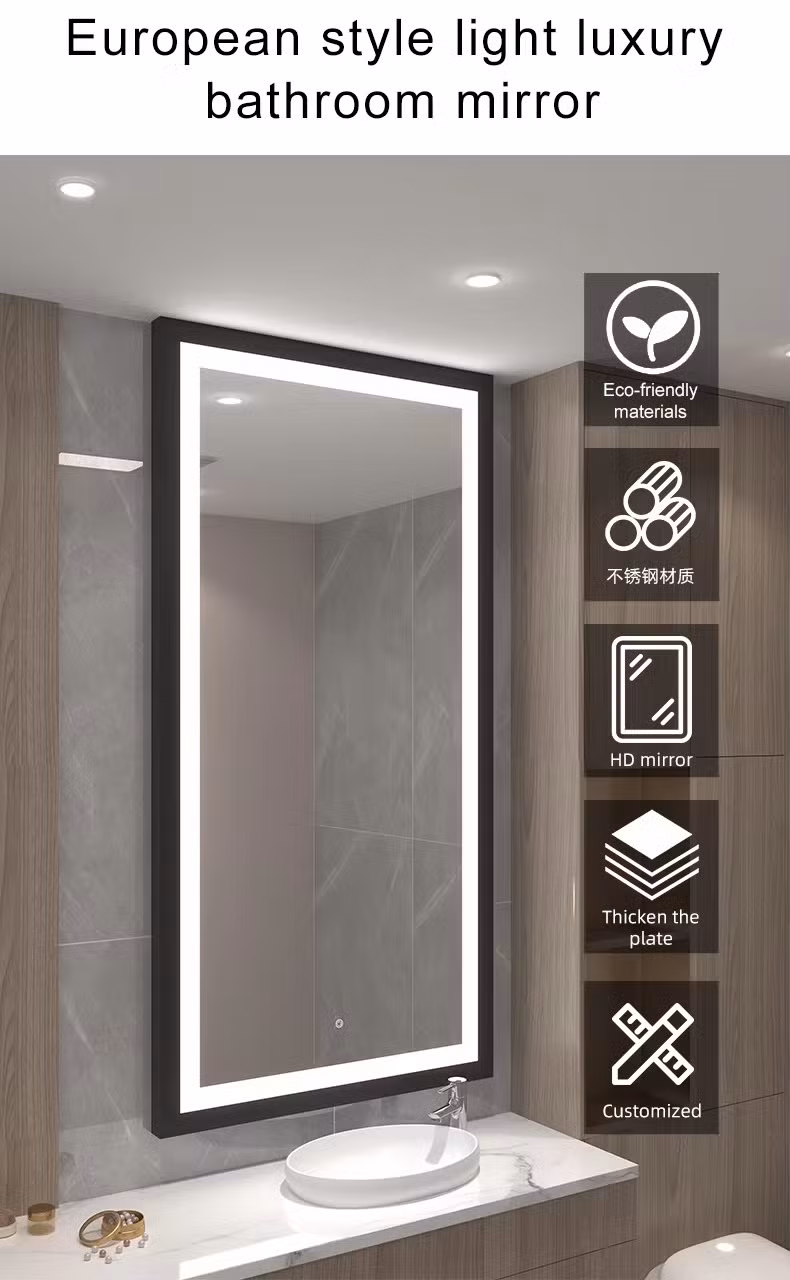 Modern Luxury LED Bathroom Mirror Wall-Mounted Aluminum Rectangular Smart Illuminated Light Fixture