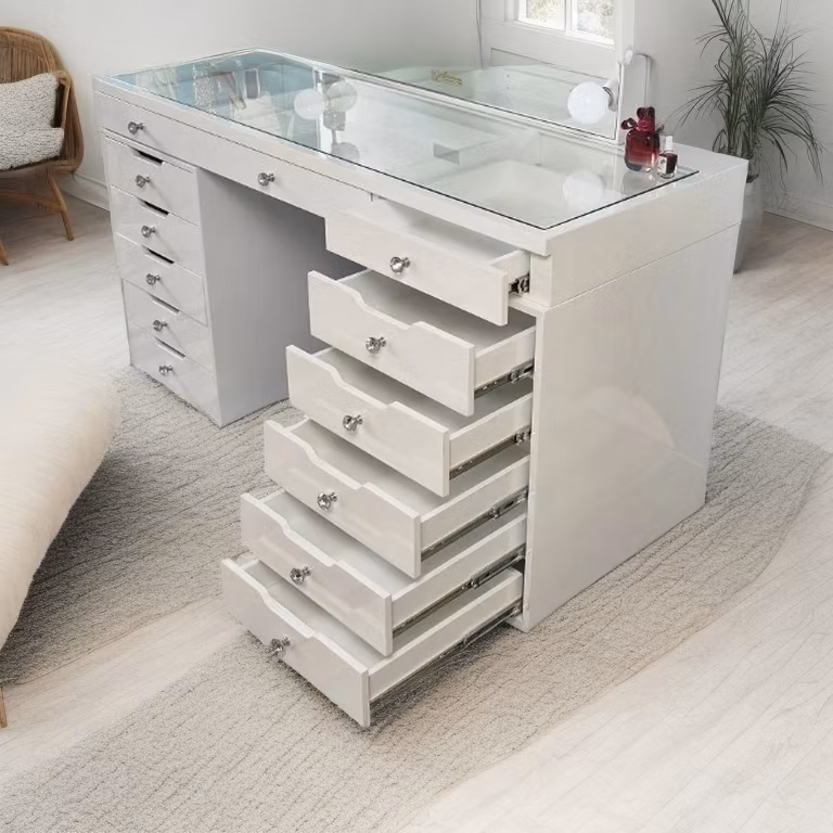 13 Drawers Bedroom Hollywood LED Light Glass Top Makeup Vanity
