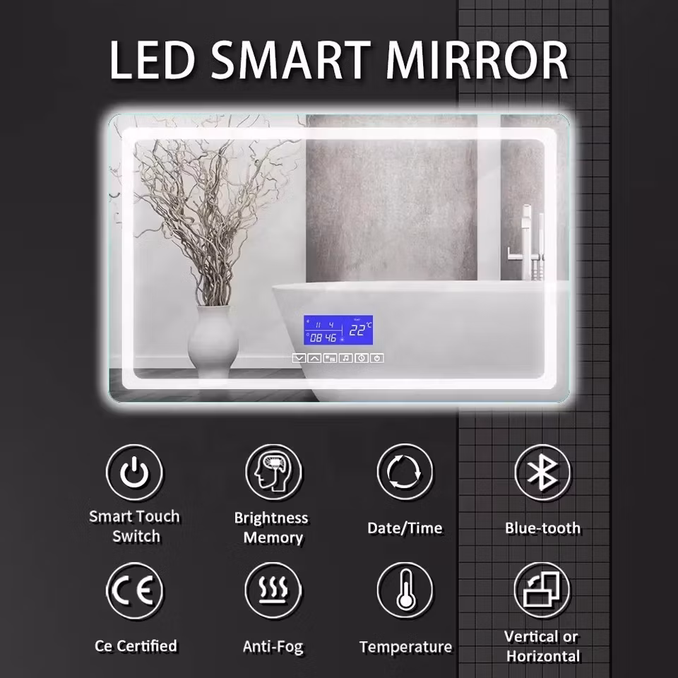 Modern Rectangular Smart LED Bathroom Mirror Hotel Anti-Fog Touch Switch Waterproof Backlit Illuminated for Decorative Use