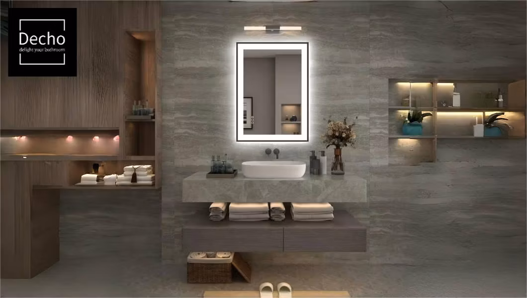 Decorative Rectangular Matte Black Metal Frame Edge Light Bathroom Smart Mirror with Touch Screen