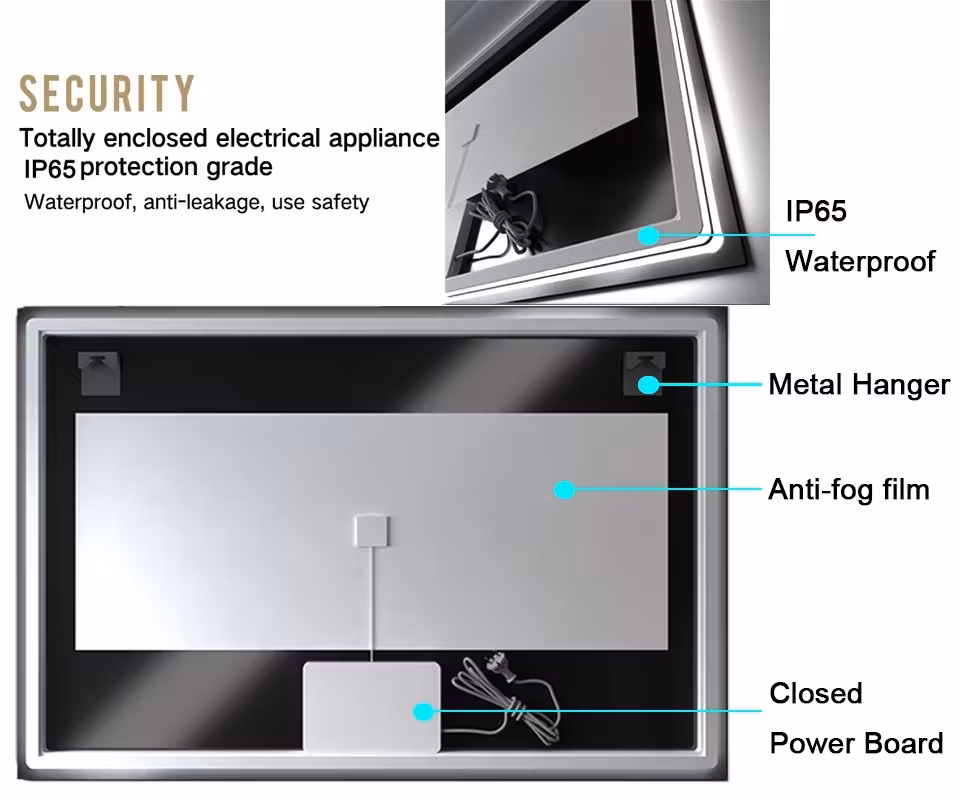 Modern Rectangular Smart LED Bathroom Mirror Hotel Anti-Fog Touch Switch Waterproof Backlit Illuminated for Decorative Use