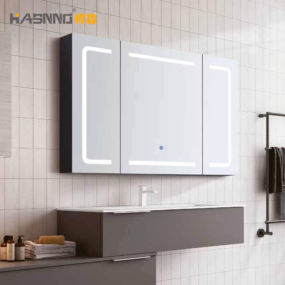 Bathroom Surface Mounted Three Doors LED Lighted Medicine Cabinet Mirror with Storage Shelves