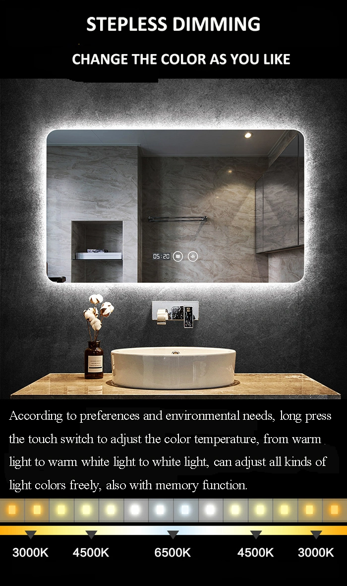 Color Temperature Backlit Adjustable Aluminum Back Structure LED Vanity Illuminated Bathroom Mirror with Touch Switch