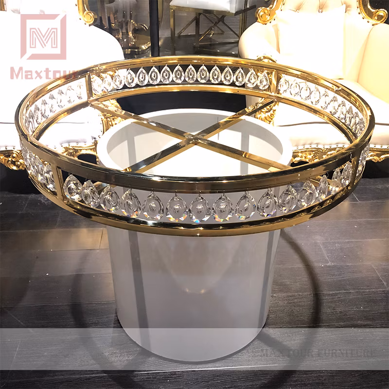 Wedding Furniture Crystal Decoration Golden Metal Frame Cake Table