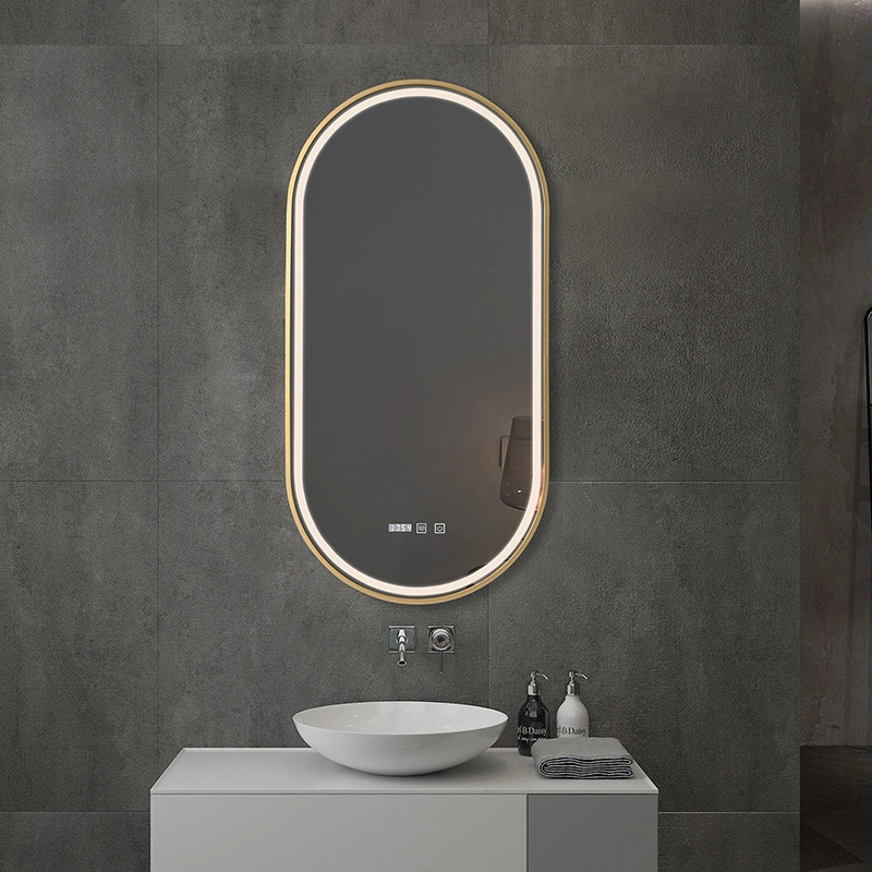 ETL CE Home Decoration Rectangle Shape Fogless Glass Styling Mirror Hotel Full Length Dressing Golden Frame Smart LED Mirror Bathroom Wall Mirrors with Light