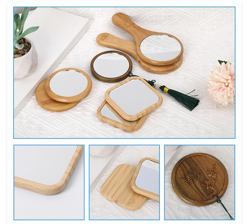 Portable Mini Bamboo Makeup Round Cosmetic Mirror