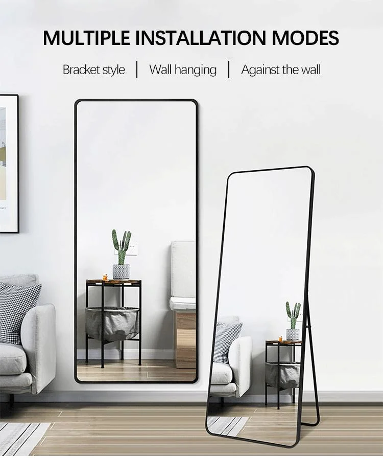 Full Length Mirror Large Mirror Black Wall-Mounted Mirror Aluminum Alloy Frame Floor Mirror with Standing Holder Hanging Mirror