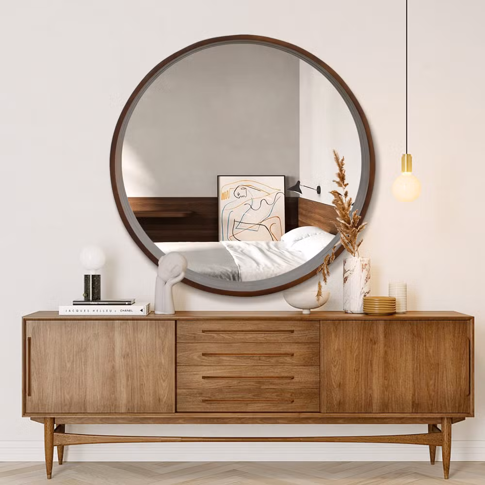 Round Solid Wood Make-up Mirror with Storage Rack for Decoration and Bathroom Use