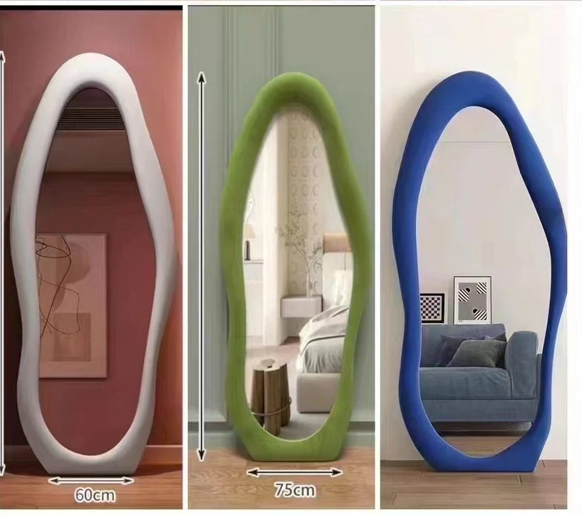 Wall Decoration Irregular Wave Shape Full Length Standing Mirror with Flannel Frame