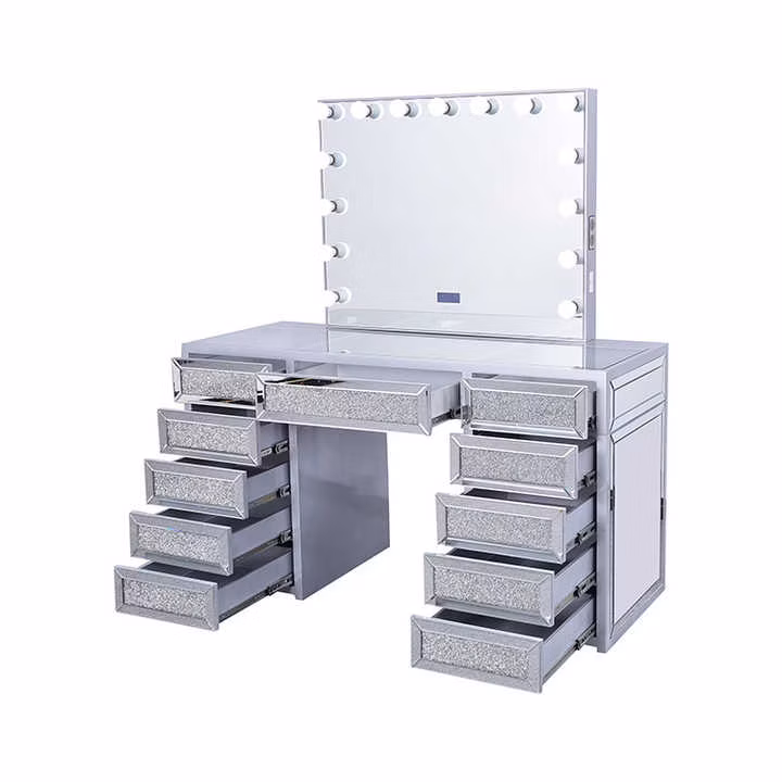 White LED Lights Mirror Drawers Big Modern Make up Vanity Table Vanity Makeup Desk