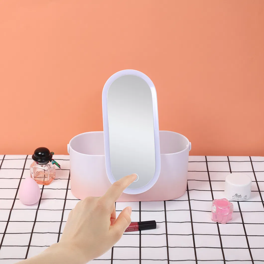 Wholesale Plastic Box LED Glass Cosmetic Mirror Portable Handheld Vanity Case Mirror with Light Desktop Tabletop Beauty Mirror