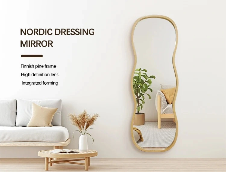 Floor Tall Body Mirror, Irregular Big Long Mirror Dressing Mirror for Bedroom Living Room Leaning Against Wall Flannel Wrapped Wooden Frame Log Color