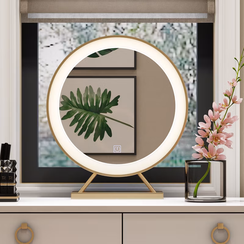Golden Smart LED Makeup Mirror Bedroom Desktop Dressing Mirror Decorative Round Lighted Bathroom Mirror