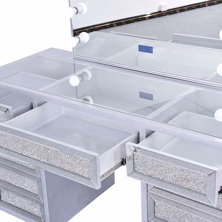 Top Seller Bedroom Vanity 11 Drawers Dressing Makeup Table Hollywood Light Mirror with Transparent Glass Top
