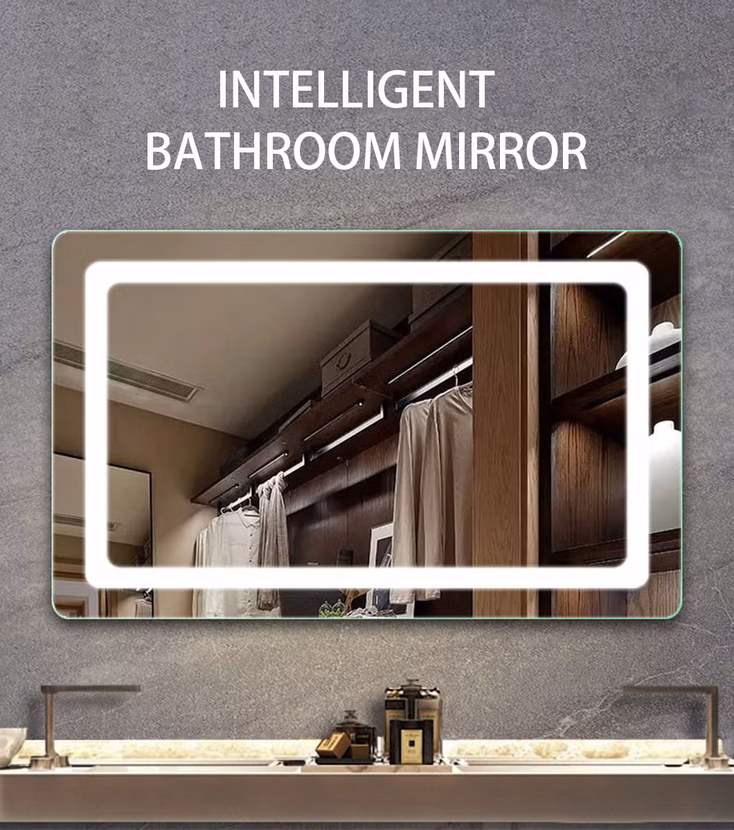 Customized Modern Glass Rose Gold Large Wall LED Fogless Bathroom Mirror