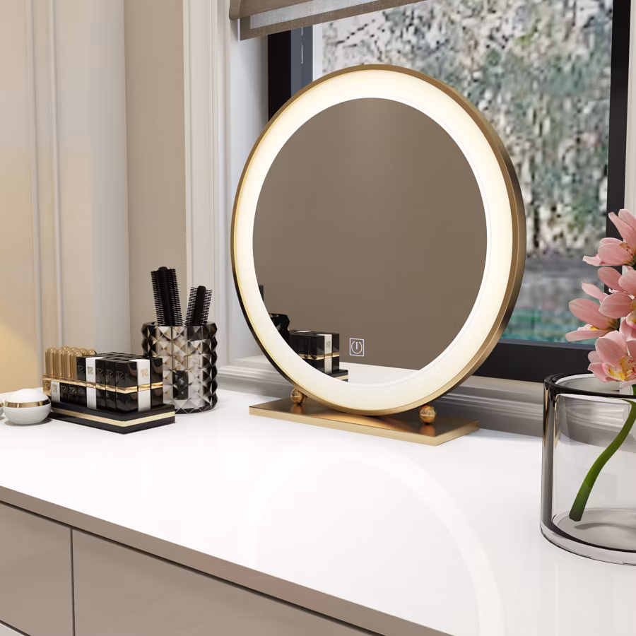 Golden Smart LED Makeup Mirror Bedroom Desktop Dressing Mirror Decorative Round Lighted Bathroom Mirror