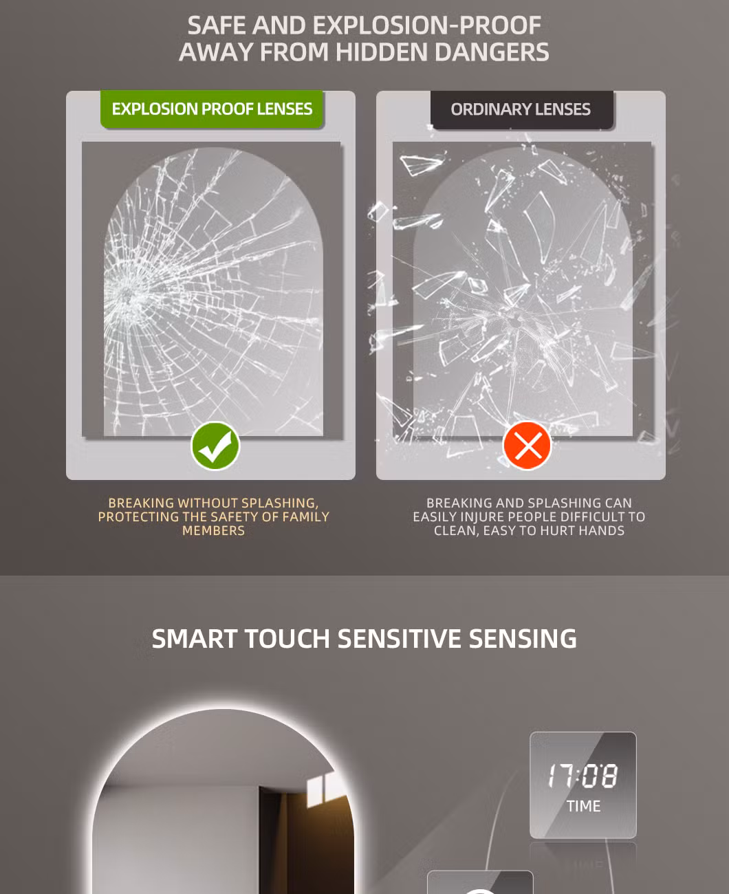 Frameless Home Decoration Modern Style Wall-Mounted Smart Bathroom Arched LED Mirror Backlit Adjustable Intelligent Touch