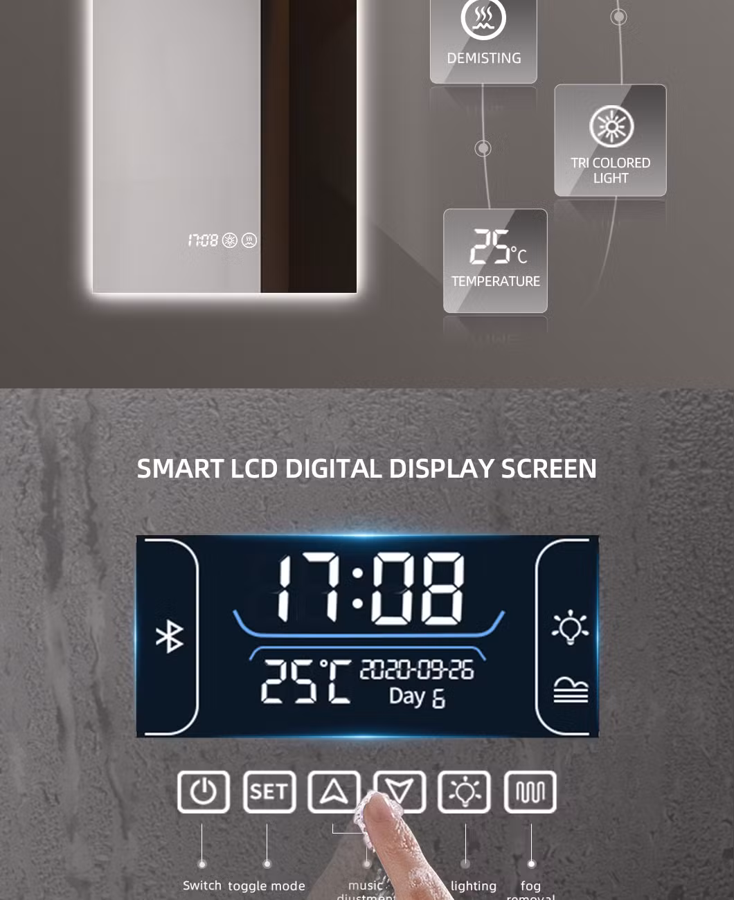 Frameless Home Decoration Modern Style Wall-Mounted Smart Bathroom Arched LED Mirror Backlit Adjustable Intelligent Touch