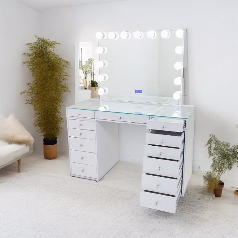 13 Drawers Bedroom Hollywood LED Light Glass Top Makeup Vanity