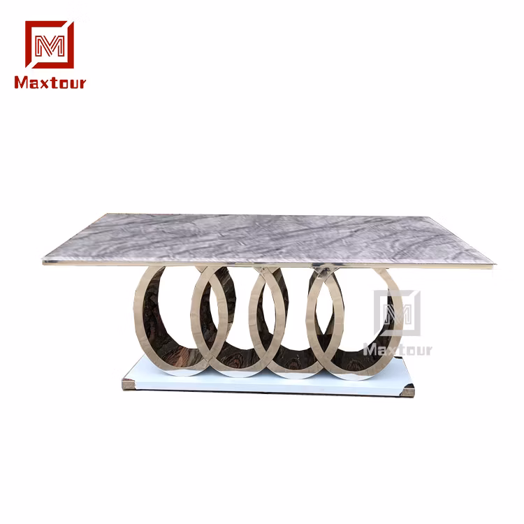 Home Use Silver Colour Stainless Steel 4 Round Base Marble Top Dining Table