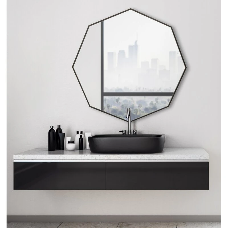 Ortonbath 8 Sides Black Framed Wall Hung Mirror LED Lights Touch Sensor Switch Backlit Bathroom Vanity Cabinet Compact Mirror Without LED