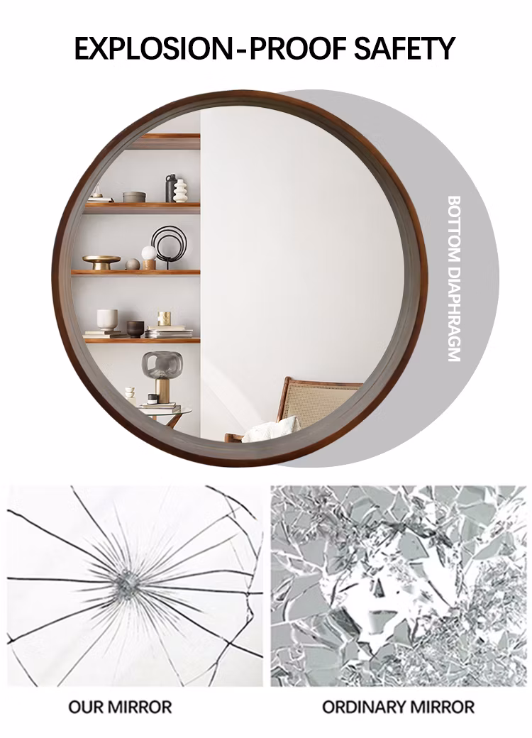 Round Solid Wood Make-up Mirror with Storage Rack for Decoration and Bathroom Use