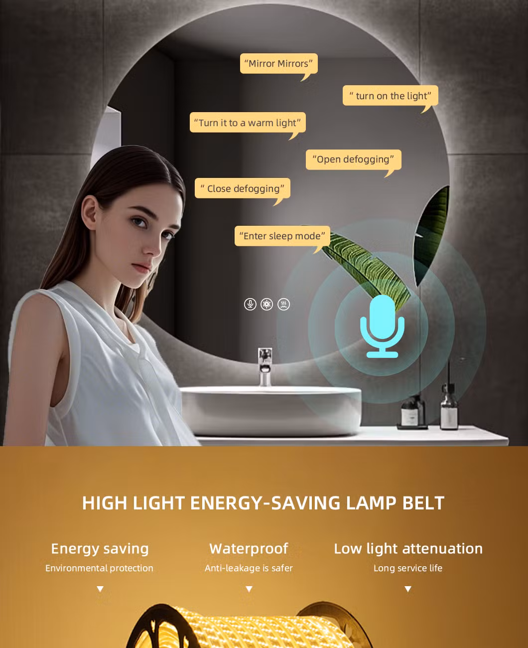 Bathroom Intelligent Vanity Wall-Mounted Frameless Home Decoration Round Smart LED Mirror with Hand Sweep Sensing Adjustable Light Backit