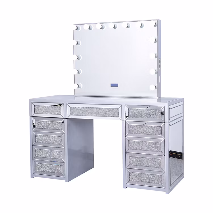 White LED Lights Mirror Drawers Big Modern Make up Vanity Table Vanity Makeup Desk