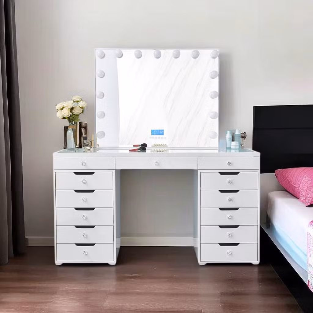 13 Drawers Bedroom Hollywood LED Light Glass Top Makeup Vanity