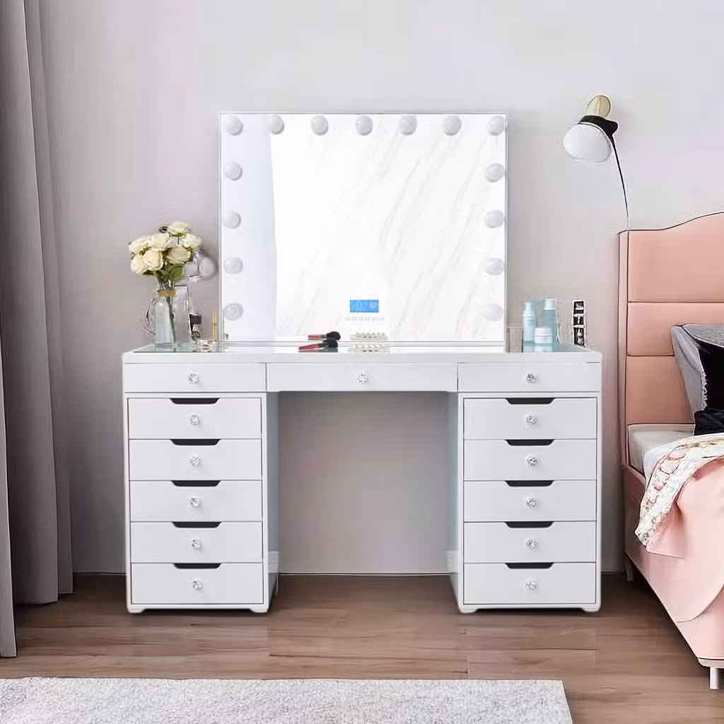 13 Drawers Bedroom Hollywood LED Light Glass Top Makeup Vanity