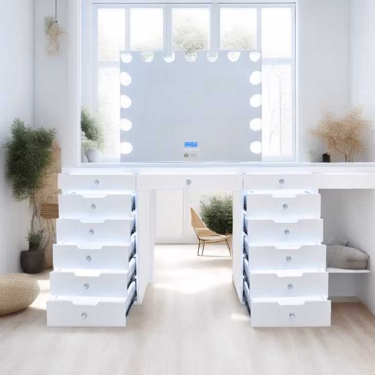 13 Drawers Bedroom Hollywood LED Light Glass Top Makeup Vanity