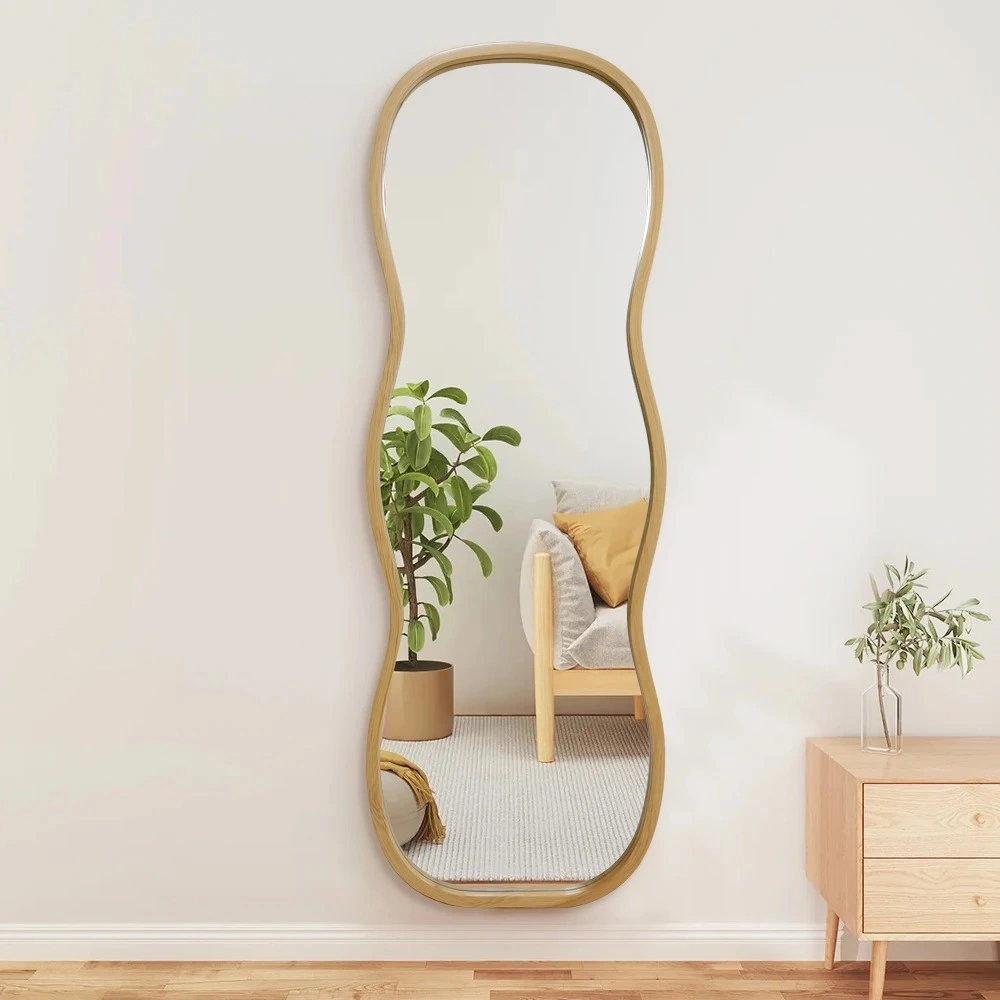 Floor Tall Body Mirror, Irregular Big Long Mirror Dressing Mirror for Bedroom Living Room Leaning Against Wall Flannel Wrapped Wooden Frame Log Color