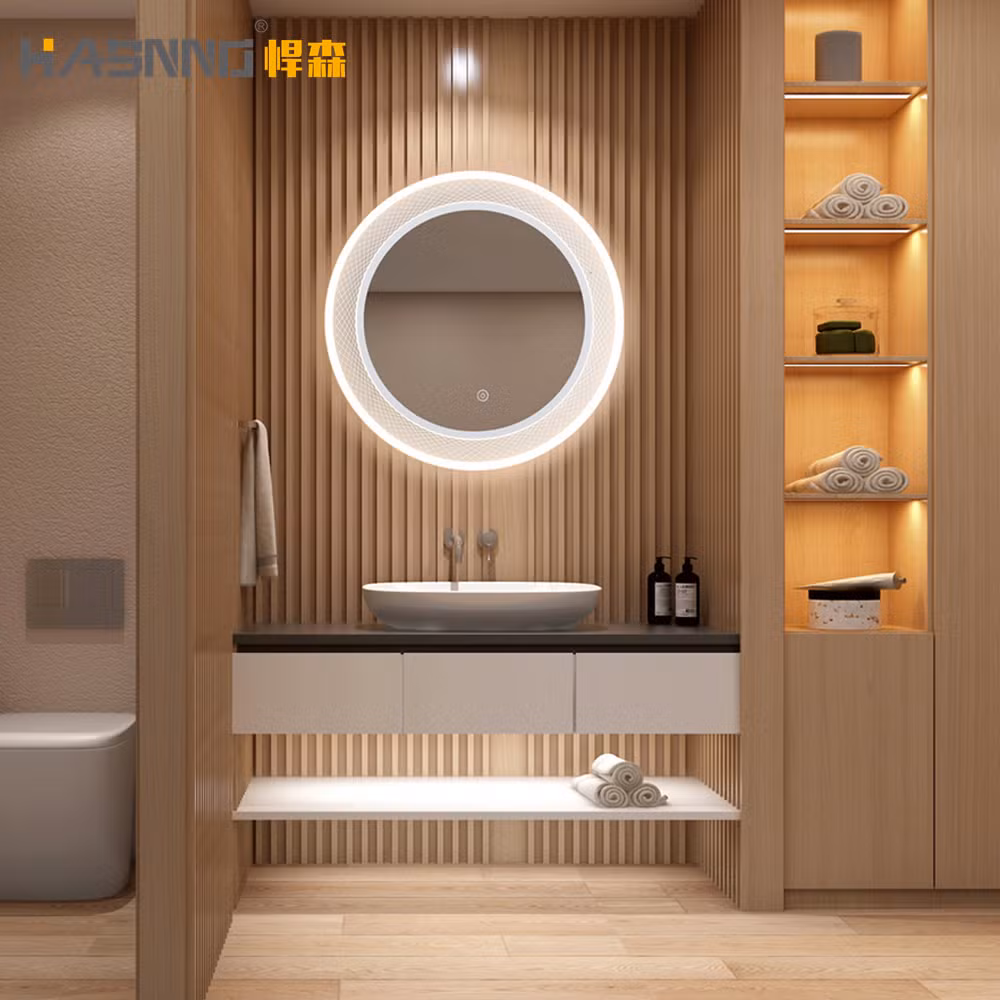 Decorative Round Aluminum Metal Frame Edge Lighted Bathroom Smart Mirror with Touch Screen