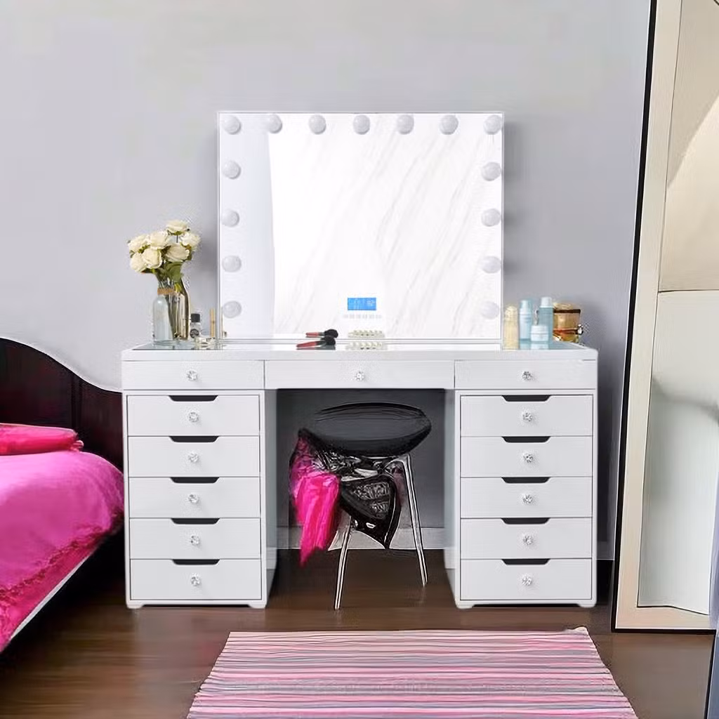 13 Drawers Bedroom Hollywood LED Light Glass Top Makeup Vanity