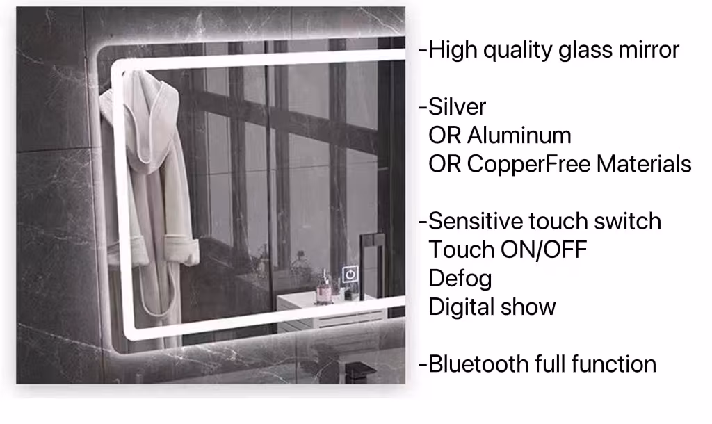 Large Rectangular Wall-Mounted LED Light Smart Bathroom Mirror Backlit Touch Screen
