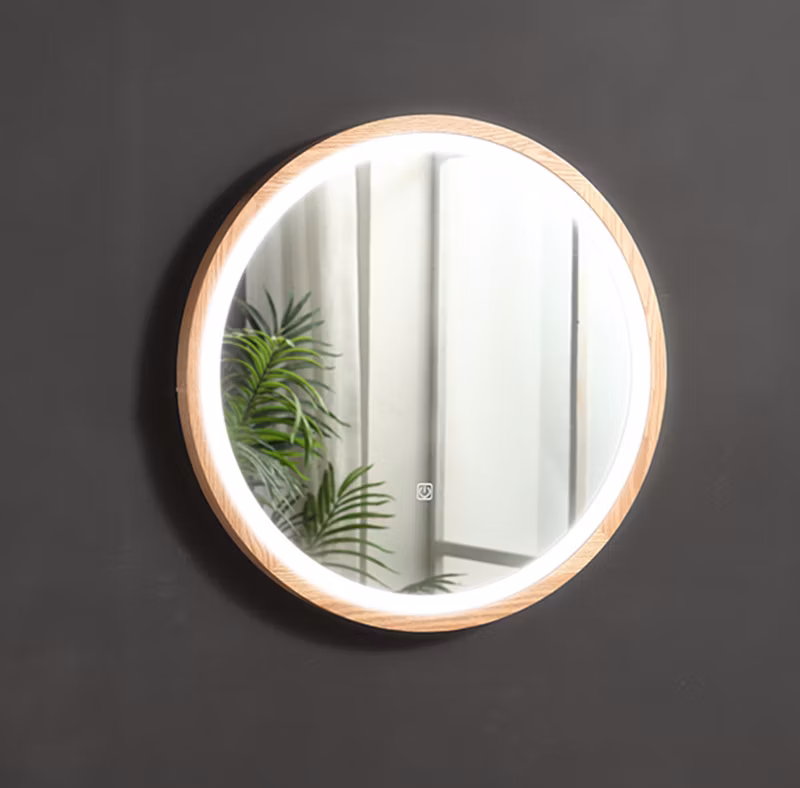 Home Nordic Simple Round Solid Wood Bedroom Wall-Mounted LED Smart Lamp Bathroom Toilet Vanity Mirror 0027