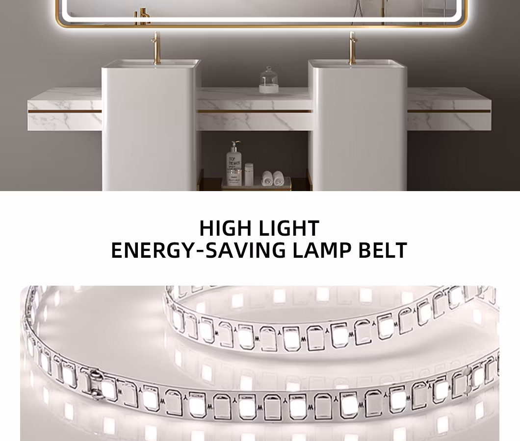 High Quality Cosmetic Vanity Glass Rectangle Smart Front and Backlit Light Bathroom LED Mirror with High-Definition Glass Aluminum Alloy Frame Luxury Furniture