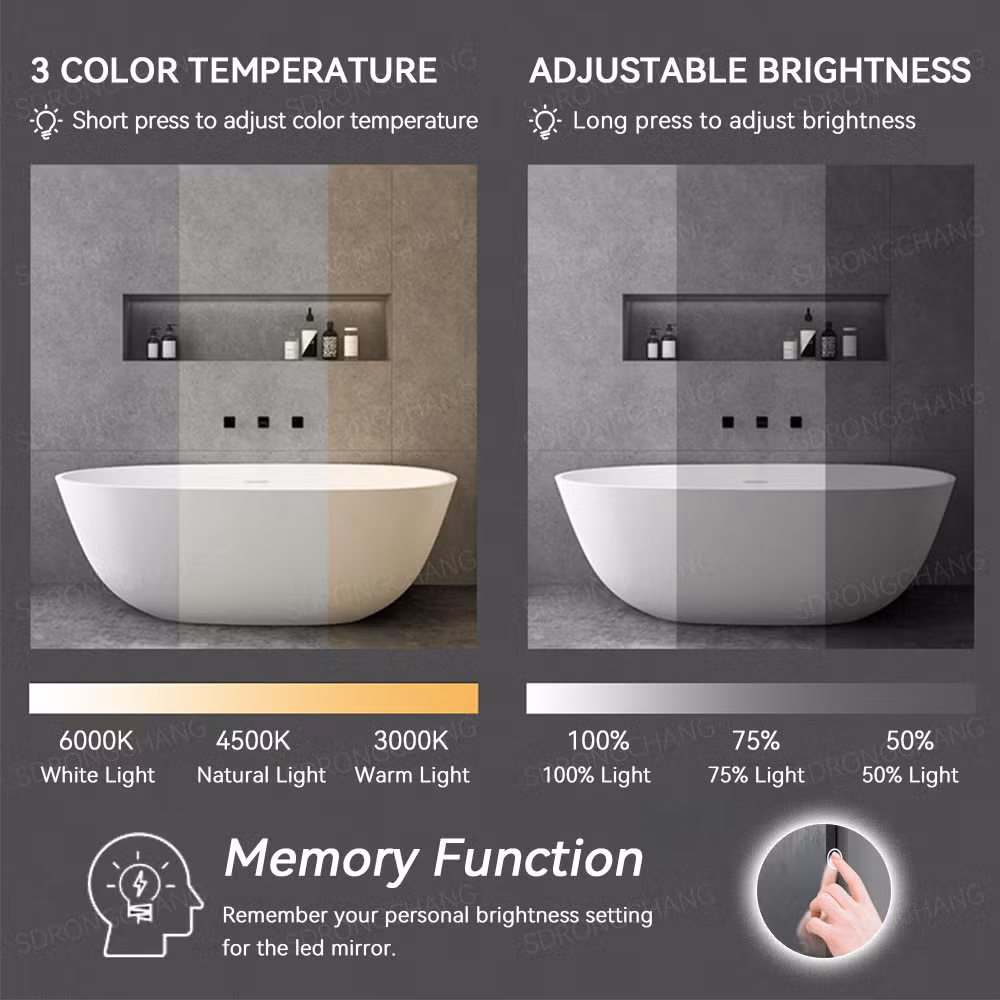 Rongchang D600/700/800/900mm Makeup Customized Round Wall Anti-Fog Frameless LED Lighting Bathroom Mirror