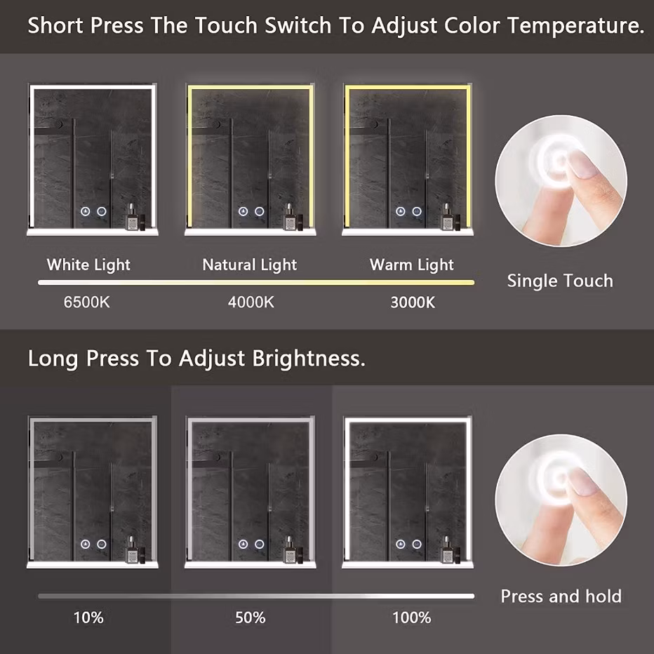 Jinghu Frameless Square LED Mirror with Touch Sensor Modern Decorative Hotel Bathroom Vanity Mirror with Lights Wall Home Decor Furniture