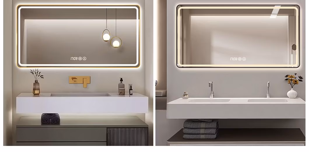 High Quality Cosmetic Vanity Glass Rectangle Smart Front and Backlit Light Bathroom LED Mirror with High-Definition Glass Aluminum Alloy Frame Luxury Furniture
