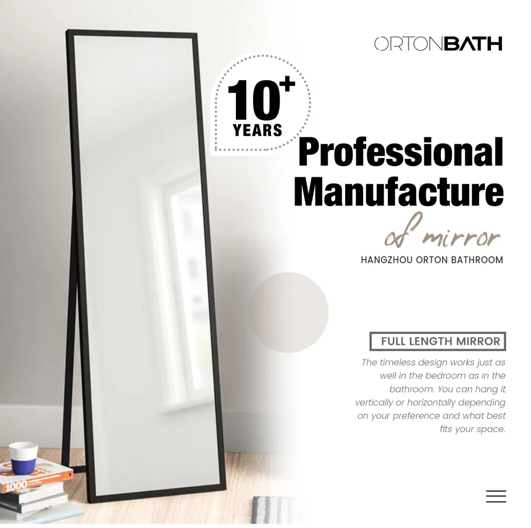 Ortonbath Black Thin Edge Framed Full Length Floor Dressing Mirror LED Lights Touch Sensor Switch Backlit Bathroom Full Length Dressing Mirror Without LED