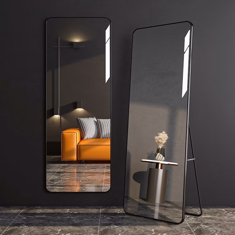 Custom Vaulted Floor Full Length Body Standing Mirror with Black Gold Metal Frame Wall Hanging Bathroom Mirror