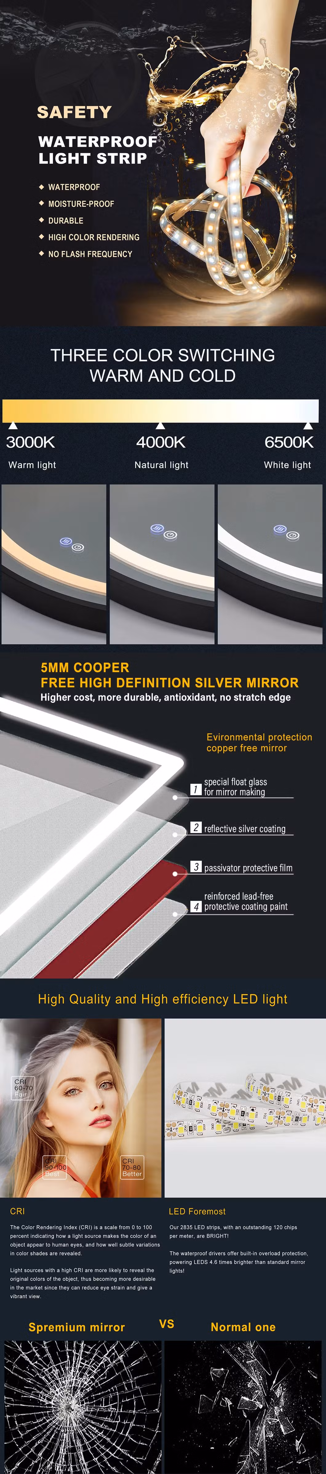 LED Smart Bathroom Mirror Vanity Large Half Round Circle Furniture Decoretival Frameless Bathroom Mirror Espejo Spiegel