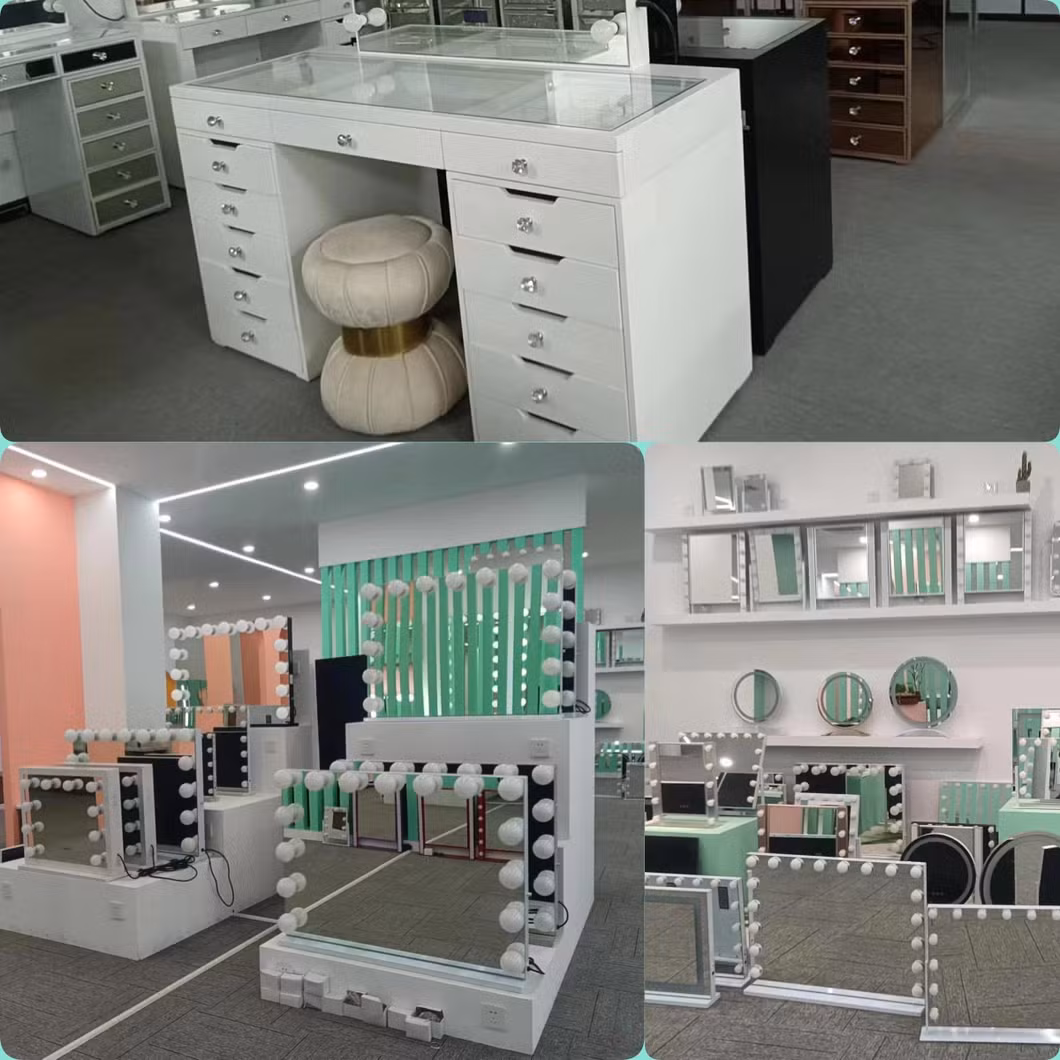 13 Drawers Bedroom Hollywood LED Light Glass Top Makeup Vanity